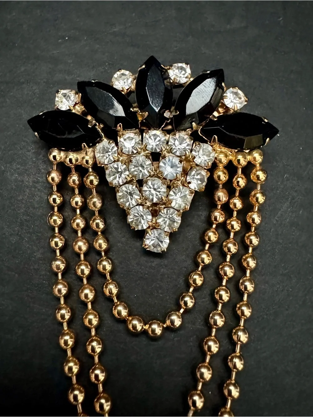 VTG Rhinestone Brooch Black Marquise Crystal Pave Tassel Dangle Pin Unsigned